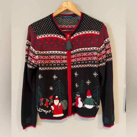 Karen Scott Wool Blend Zip Up Christmas‎ Sweater Embroidered Sz Petite M - Picture 1 of 6